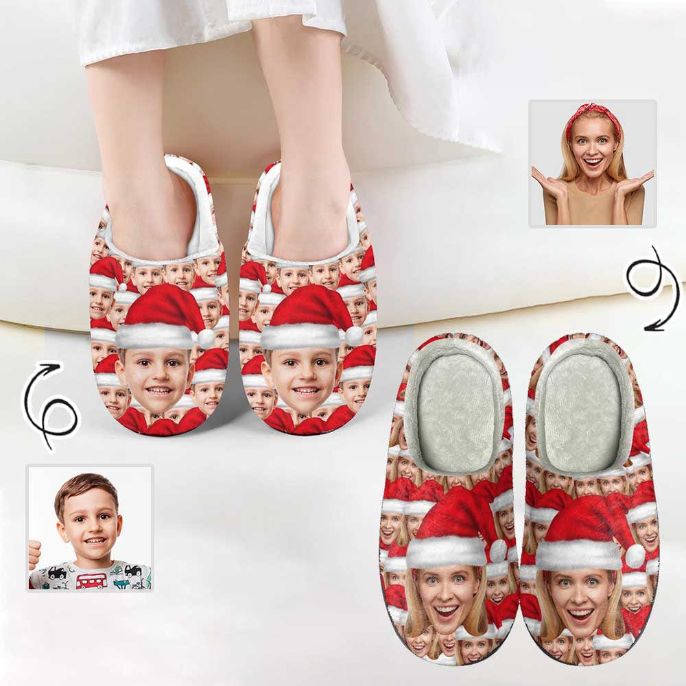 FacePajamas Slippers-2ML-ZD Custom Face Santa Hat Christmas Cotton Slippers for Adult&Kids Personalized Non-Slip Slippers Warm House Shoes
