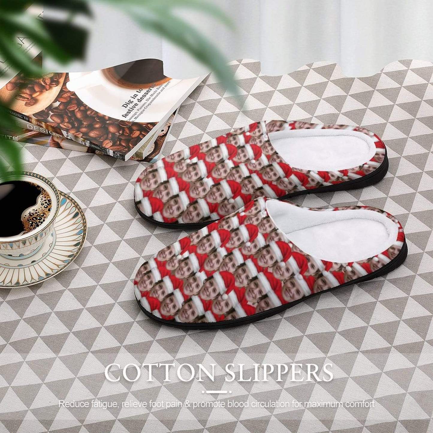 FacePajamas Slippers-2YX-SDS Custom Face Seamless Christmas Hat Women's All Over Print Cotton Slippers