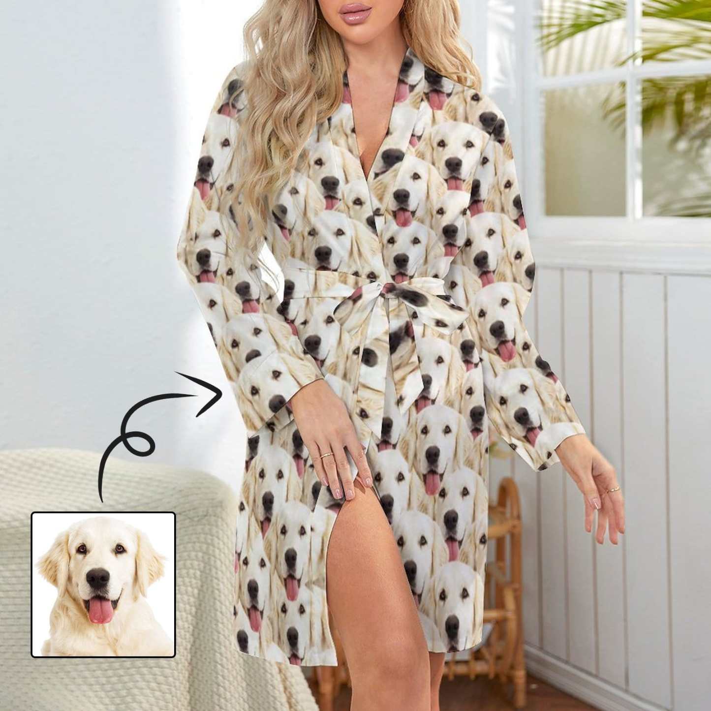 FacePajamas Pajama-2YX-SDS Custom Face Seamless Dog Women's Long Pajamas Cute Personalized Photo Pajamas Kimono Robe