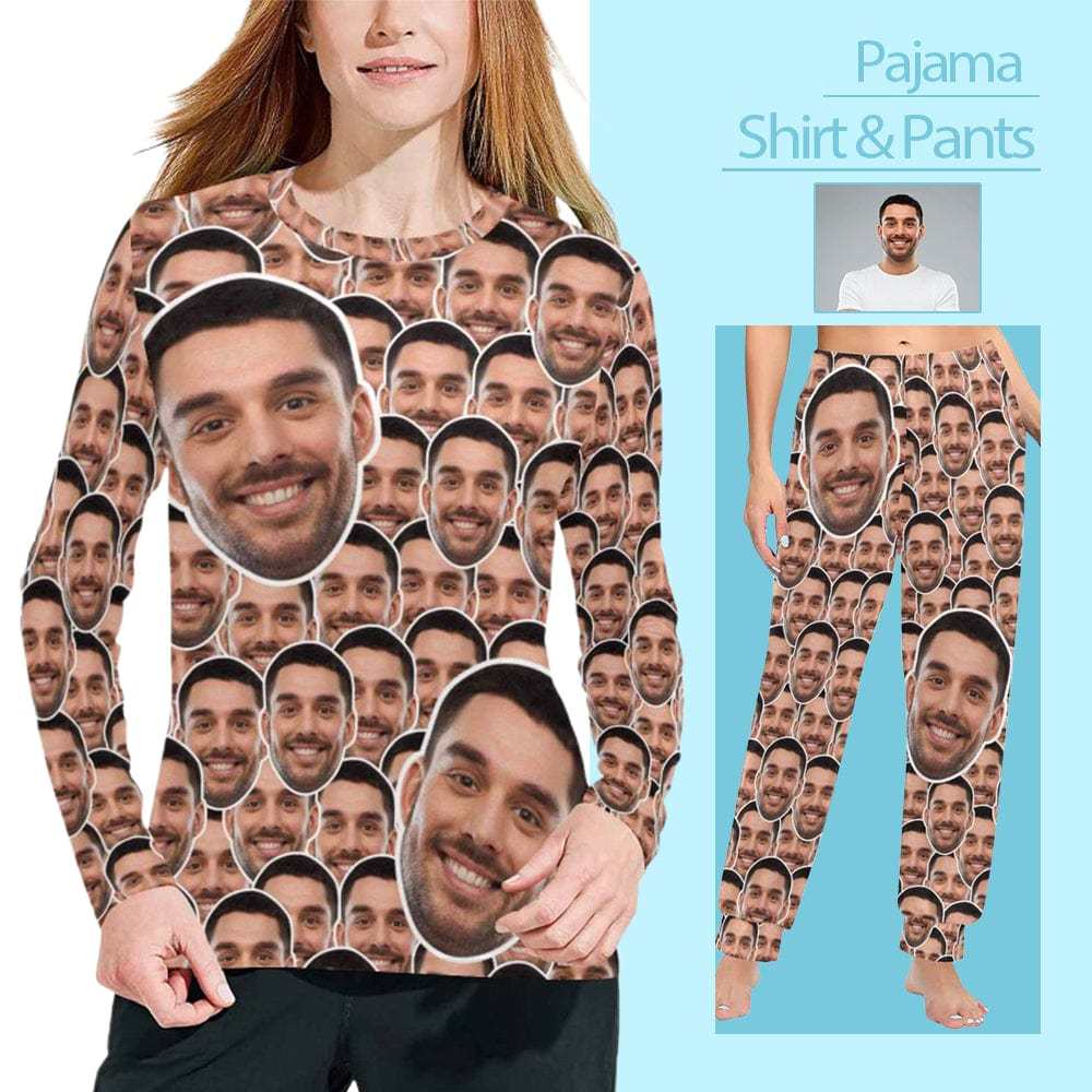 FacePajamas Pajama Shirt&Pants Custom Face Seamless Long Pajama Shirt&Pants Personalized Women's Slumber Party Sleepwear