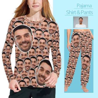 FacePajamas Pajama Shirt&Pants Custom Face Seamless Long Pajama Shirt&Pants Personalized Women's Slumber Party Sleepwear