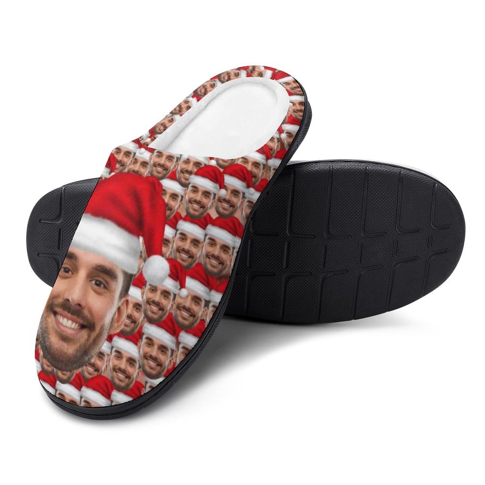 FacePajamas Slippers-2YX-SDS Custom Face Seamless Photo Christmas Hat Men's All Over Print Cotton Slippers