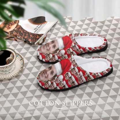 FacePajamas Slippers-2YX-SDS Custom Face Seamless Photo Christmas Hat Women's All Over Print Cotton Slippers