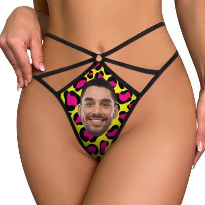 FacePajamas Women Underwear-1YN-SDS Custom Face Sexy Thongs T-Back Underwear for Women Personalized Pink Leopard Women's G-String Panties Lovers Gift
