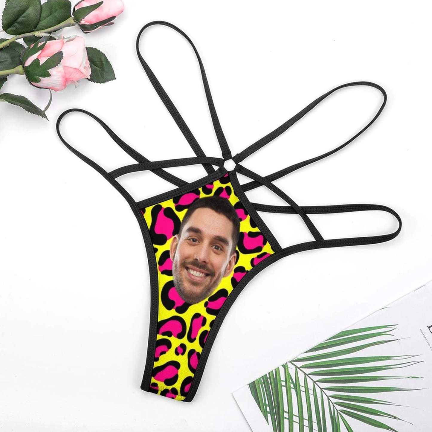 FacePajamas Women Underwear-1YN-SDS Custom Face Sexy Thongs T-Back Underwear for Women Personalized Pink Leopard Women's G-String Panties Lovers Gift