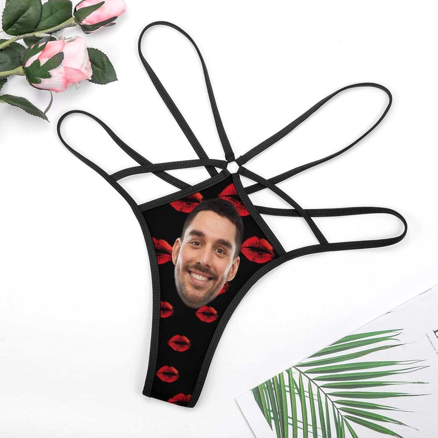 FacePajamas Women Underwear-1YN-SDS Custom Face Sexy Thongs T-Back Underwear for Women Personalized Red Lips Women's G-String Panties