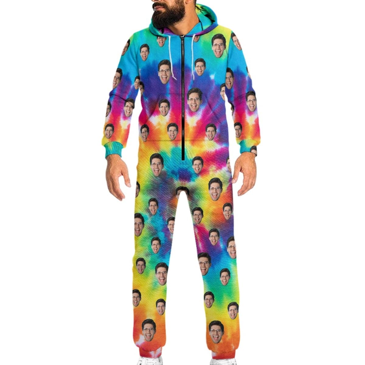 FacePajamas Hooded Onesie-2ML-ZD Custom Face Tie-dye Unisex Adult Hooded Onesie Jumpsuits with Pocket Personalized Zip One-piece Pajamas for Men and Women