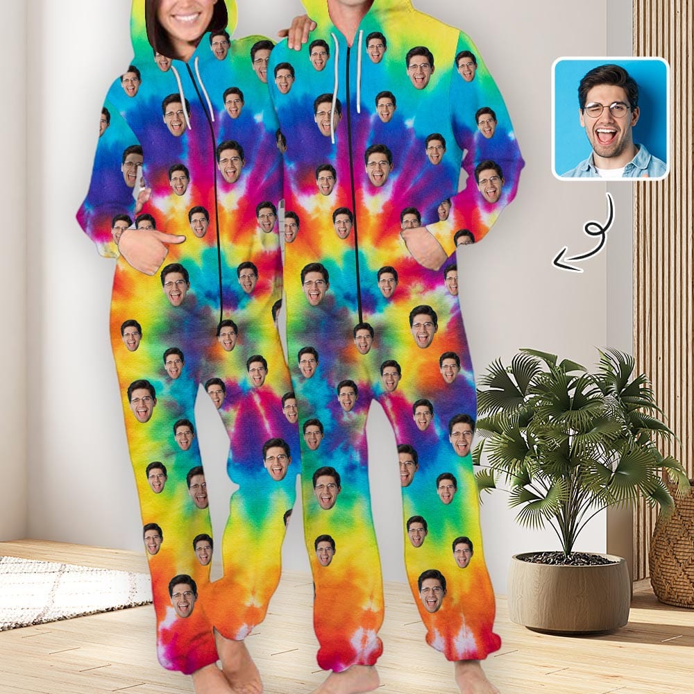 FacePajamas Hooded Onesie-2ML-ZD Custom Face Tie-dye Unisex Adult Hooded Onesie Jumpsuits with Pocket Personalized Zip One-piece Pajamas for Men and Women