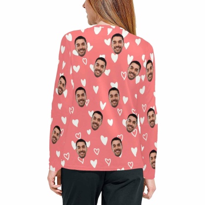 FacePajamas Pajama Shirt&Pants Custom Face White Heart Pink Long Pajama Shirt&Pants Personalized Women's Slumber Party Sleepwear