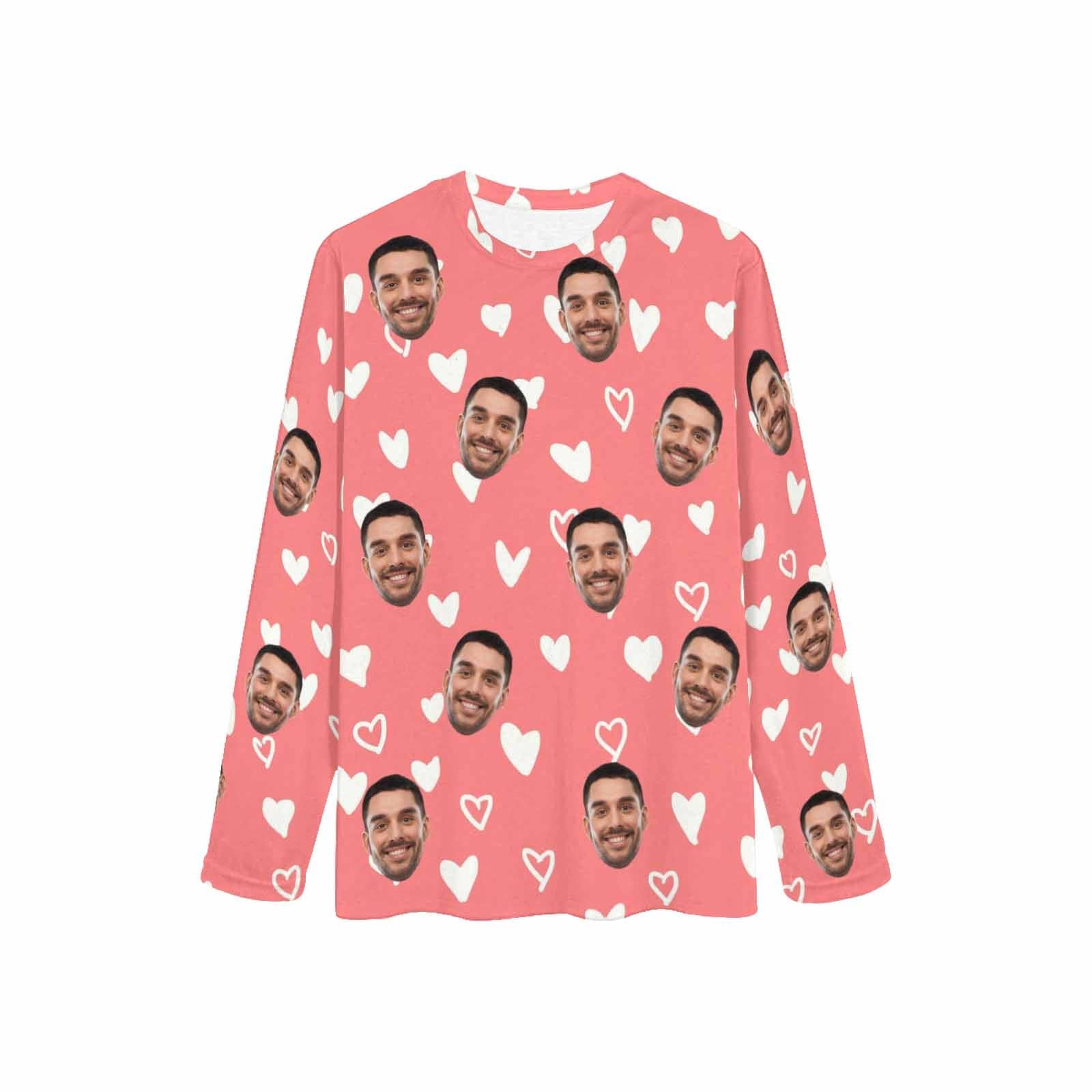 FacePajamas Pajama Shirt&Pants Custom Face White Heart Pink Long Pajama Shirt&Pants Personalized Women's Slumber Party Sleepwear
