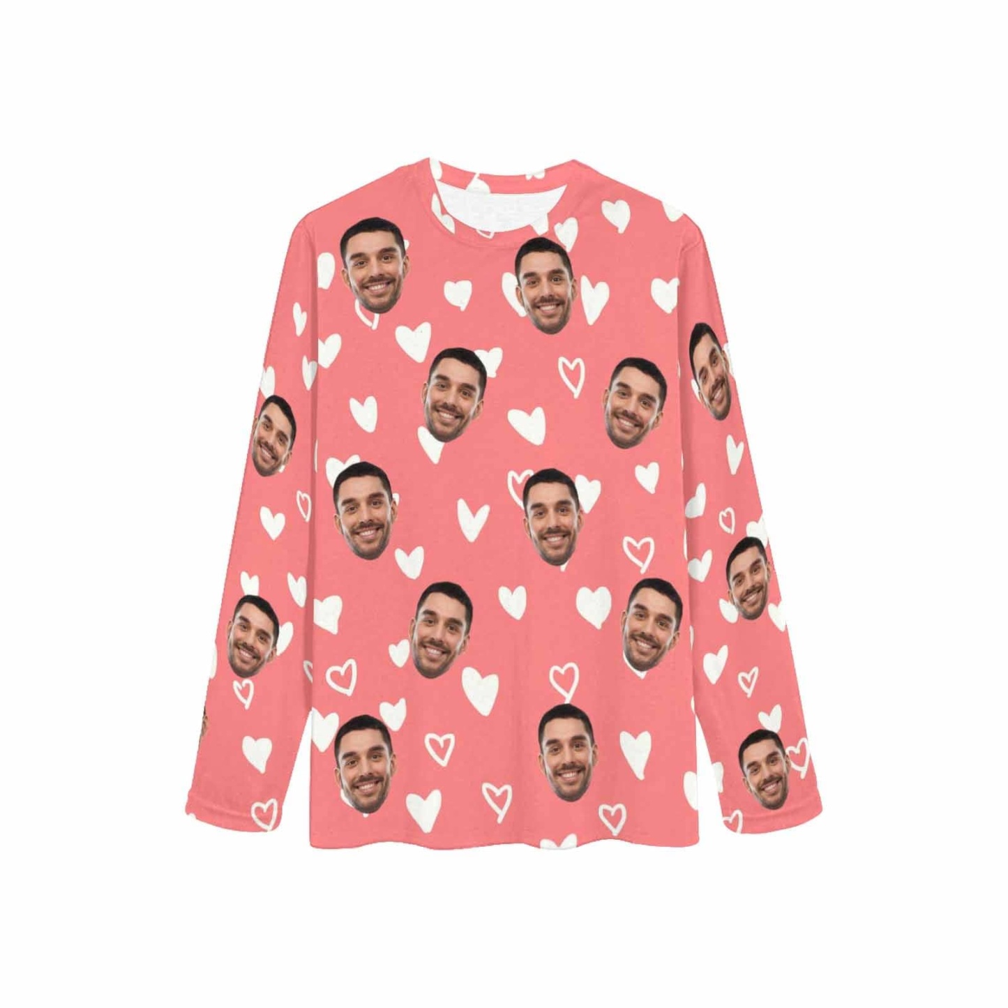 FacePajamas Pajama Shirt&Pants Custom Face White Heart Pink Long Pajama Shirt&Pants Personalized Women's Slumber Party Sleepwear