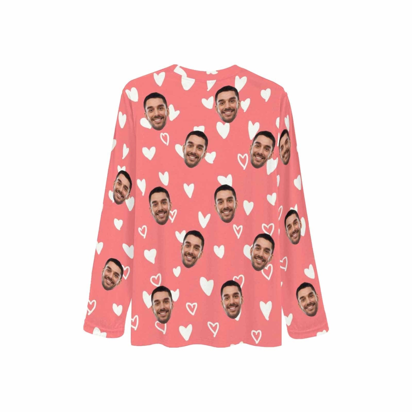 FacePajamas Pajama Shirt&Pants Custom Face White Heart Pink Long Pajama Shirt&Pants Personalized Women's Slumber Party Sleepwear