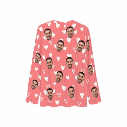FacePajamas Pajama Shirt&Pants Custom Face White Heart Pink Long Pajama Shirt&Pants Personalized Women's Slumber Party Sleepwear