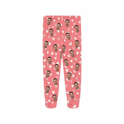 FacePajamas Pajama Shirt&Pants Custom Face White Heart Pink Long Pajama Shirt&Pants Personalized Women's Slumber Party Sleepwear