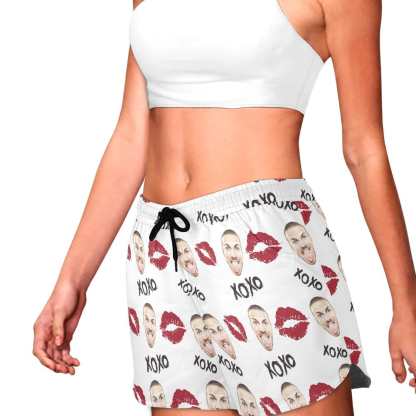 FacePajamas Pajama Pants Custom Face Women's Pajama Shorts Personalized Red Lips Sleepwear Shorts