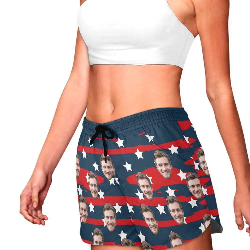 FacePajamas Pajama Pants Custom Face Women's Pajama Shorts Personalized USA Flag Sleepwear Shorts