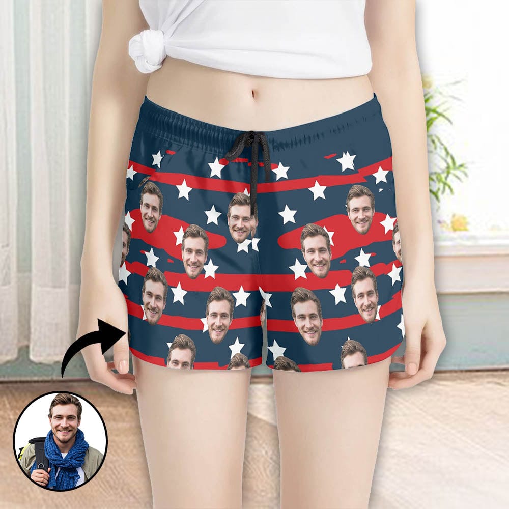 FacePajamas Pajama Pants Custom Face Women's Pajama Shorts Personalized USA Flag Sleepwear Shorts