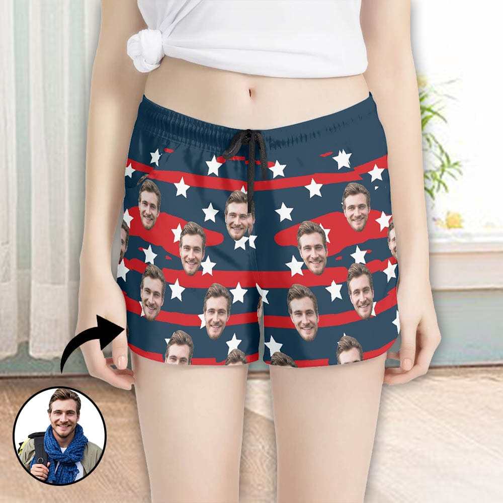 FacePajamas Pajama Pants Custom Face Women's Pajama Shorts Personalized USA Flag Sleepwear Shorts
