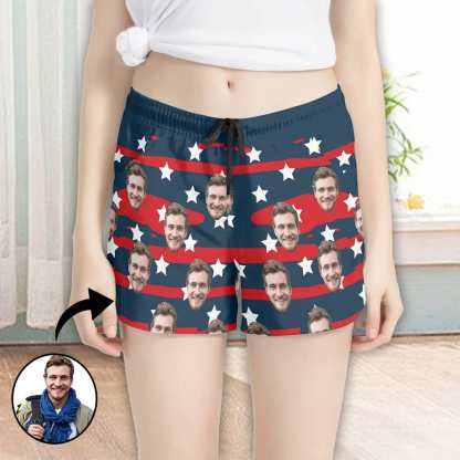 FacePajamas Pajama Pants Custom Face Women's Pajama Shorts Personalized USA Flag Sleepwear Shorts