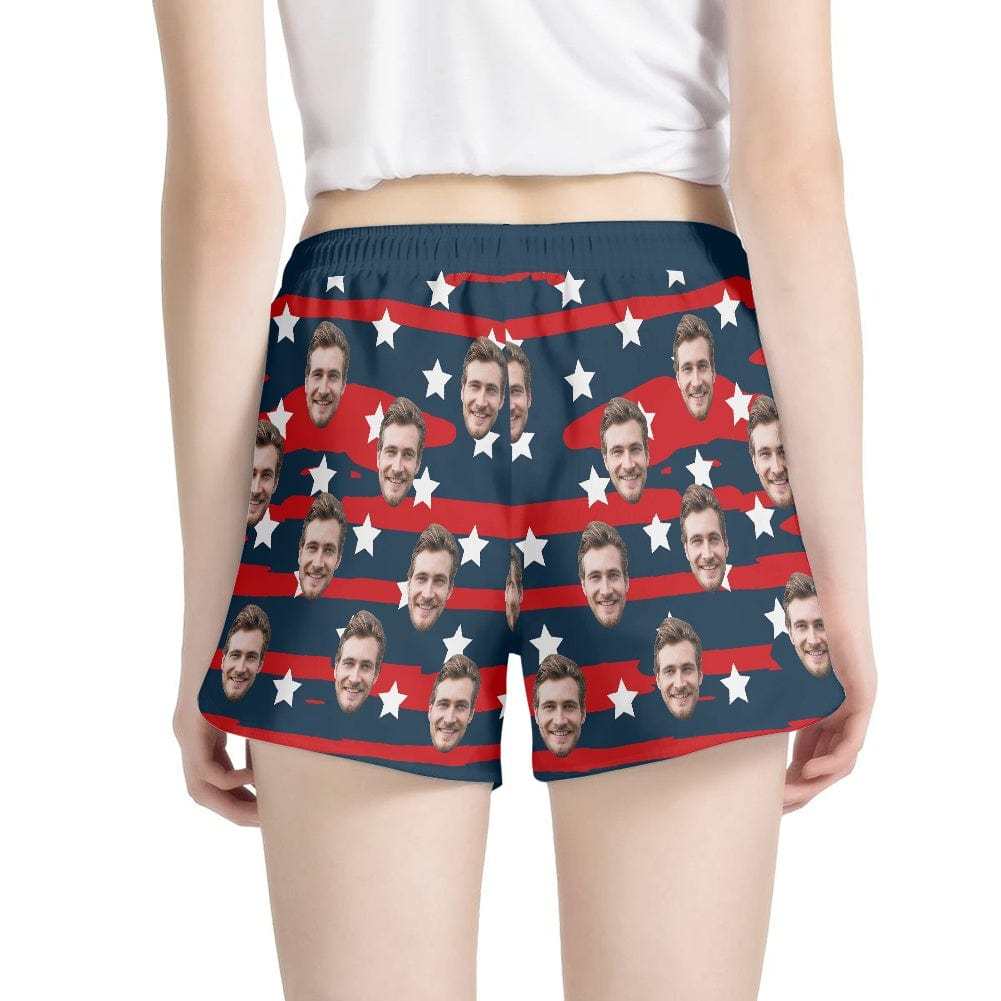FacePajamas Pajama Pants Custom Face Women's Pajama Shorts Personalized USA Flag Sleepwear Shorts