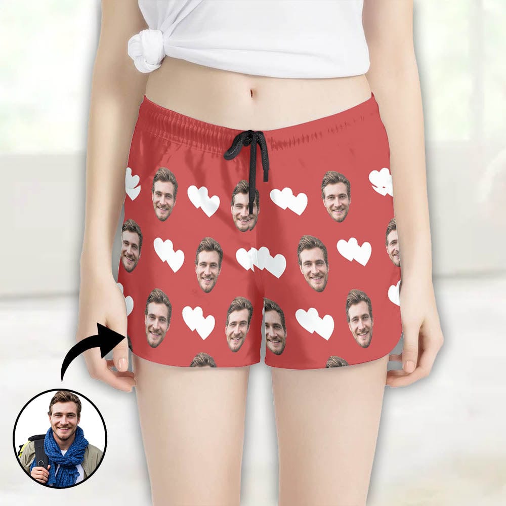 FacePajamas Pajama Pants Custom Face Women's Pajama Shorts Personalized White Heart Sleepwear Shorts