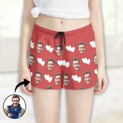 FacePajamas Pajama Pants Custom Face Women's Pajama Shorts Personalized White Heart Sleepwear Shorts
