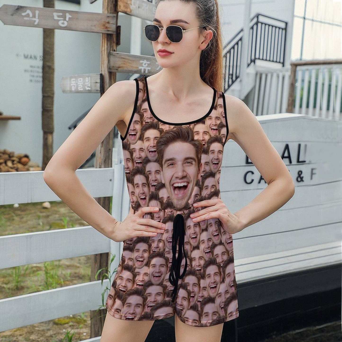 FacePajamas Pajama-2ML-SDS Custom Face Women's Short Jumpsuit Loungewear