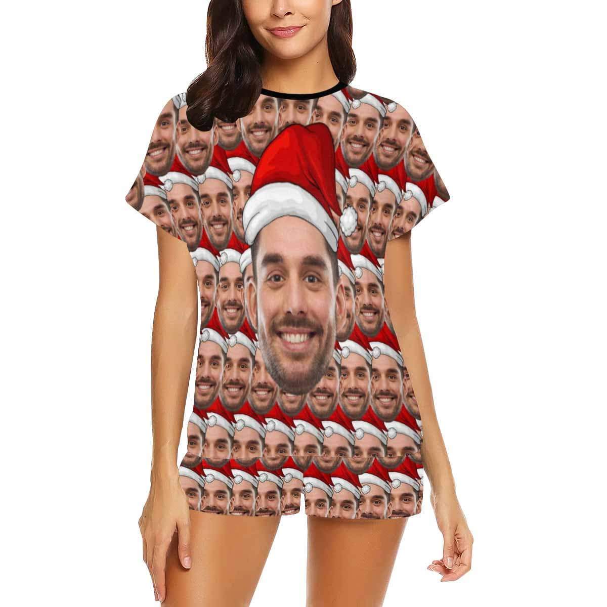 FacePajamas Pajama Custom Face Womens Christmas Pajamas Personalized Christmas Hat Women's Short Pajama Set Xmas Gift