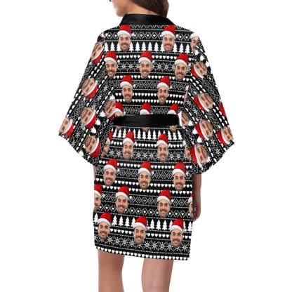 FacePajamas Pajama Custom Husband Face Black Christmas Hat Women's Summer Short Pajamas Funny Personalized Photo Pajamas Kimono Robe