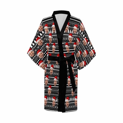 FacePajamas Pajama Custom Husband Face Black Christmas Hat Women's Summer Short Pajamas Funny Personalized Photo Pajamas Kimono Robe