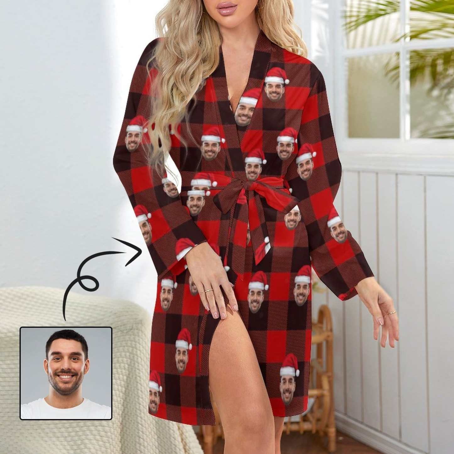 FacePajamas Pajama-2YX-SDS S Custom Husband Face Ch istmas Hat Red Black Grid Women's Long Pajamas Funny Personalized Photo Pajamas Kimono Robe