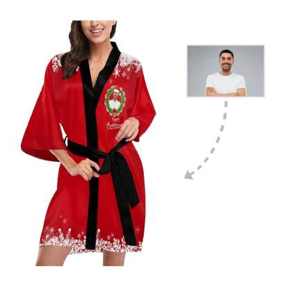FacePajamas Pajama Custom Husband Face Christmas Wreath Women's Summer Short Pajamas Personalized Photo Pajamas Kimono Robe