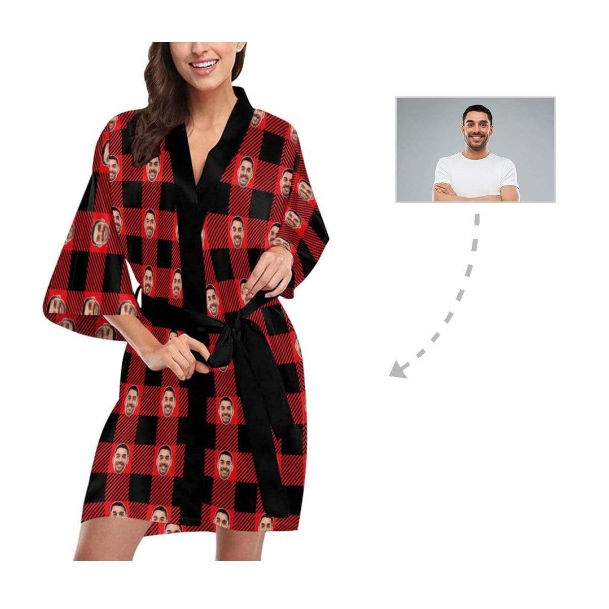 FacePajamas Pajama Custom Husband Face Grid Red Black Women's Summer Short Pajamas Personalized Photo Pajamas Kimono Robe