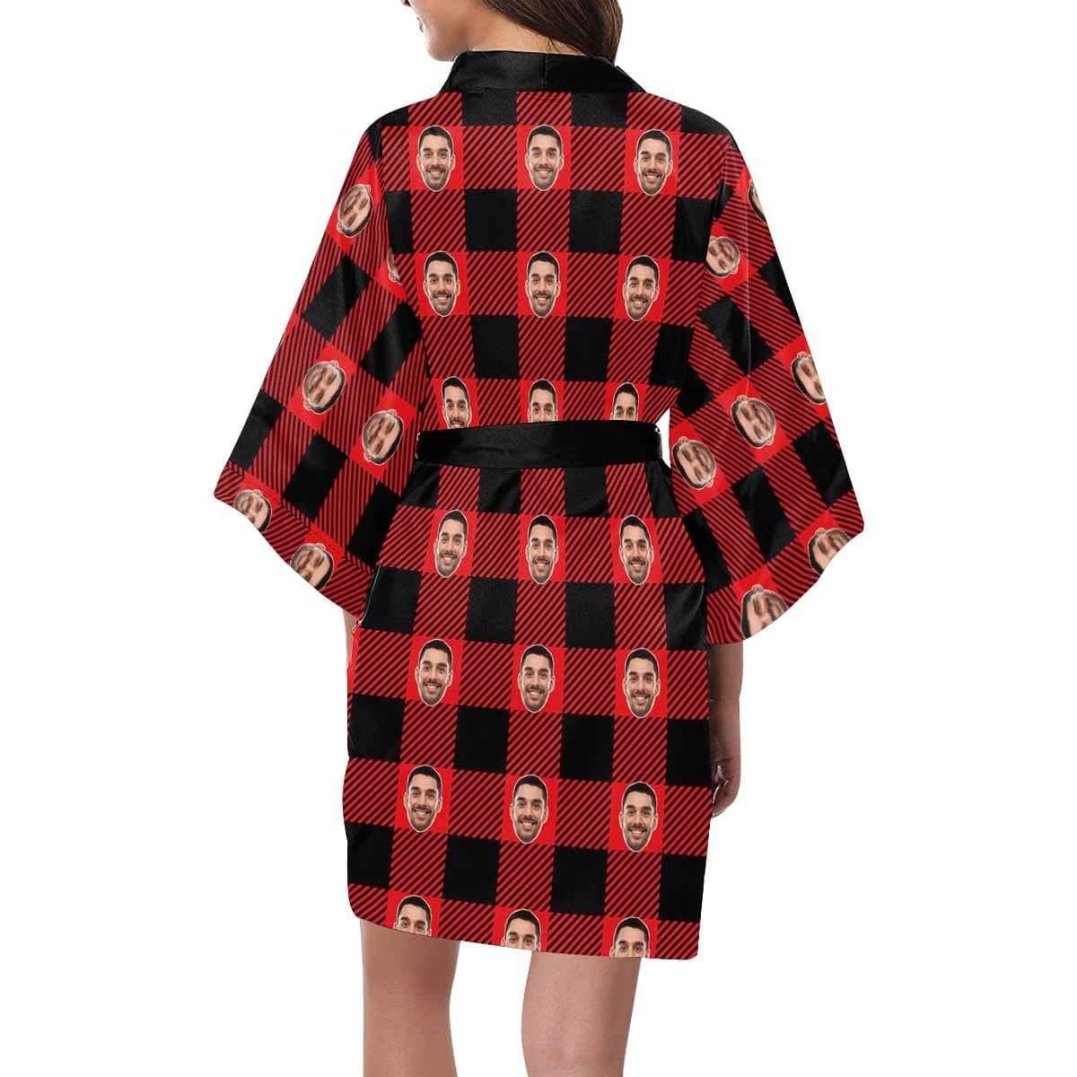 FacePajamas Pajama Custom Husband Face Grid Red Black Women's Summer Short Pajamas Personalized Photo Pajamas Kimono Robe