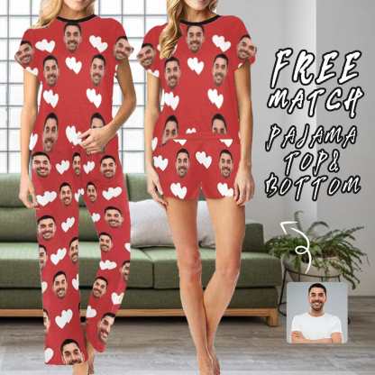 FacePajamas Pajama Shirt&Pants Custom Husband Face Heart Red Background Sleepwear Personalized Photo Women's Pajama T-Shirt&Shorts&Pants Free Match