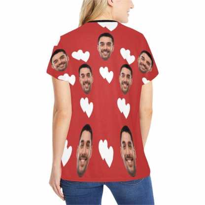 FacePajamas Pajama Shirt&Pants Custom Husband Face Heart Red Background Sleepwear Personalized Photo Women's Pajama T-Shirt&Shorts&Pants Free Match