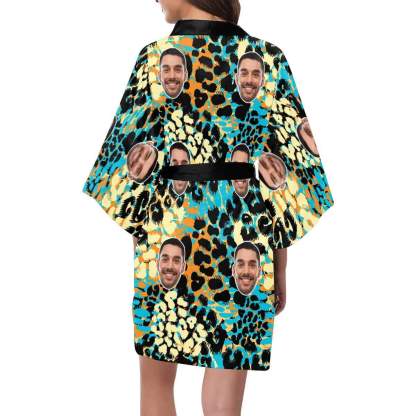 FacePajamas Pajama Custom Husband Face Leopard Print Women's Summer Short Nightwear Personalized Photo Pajamas Kimono Robe