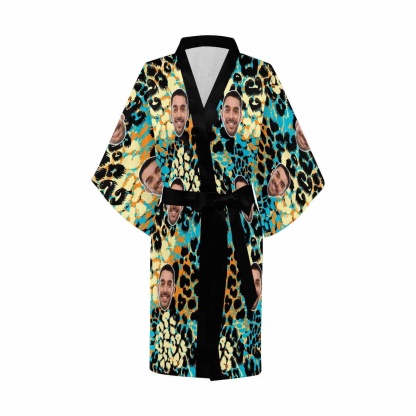 FacePajamas Pajama Custom Husband Face Leopard Print Women's Summer Short Nightwear Personalized Photo Pajamas Kimono Robe