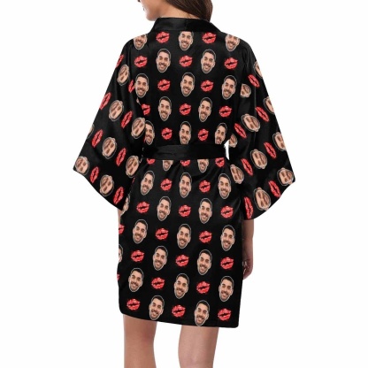 FacePajamas Pajama Custom Husband Face Lip Black Women's Summer Short Sleepwear Funny Personalized Photo Pajamas Kimono Robe