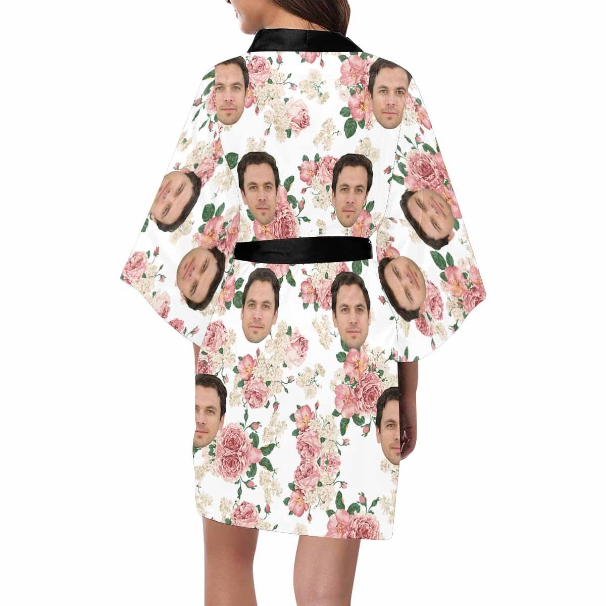 FacePajamas Pajama Custom Husband Face Peony Women's Summer Short Nightwear Personalized Photo Pajamas Kimono Robe