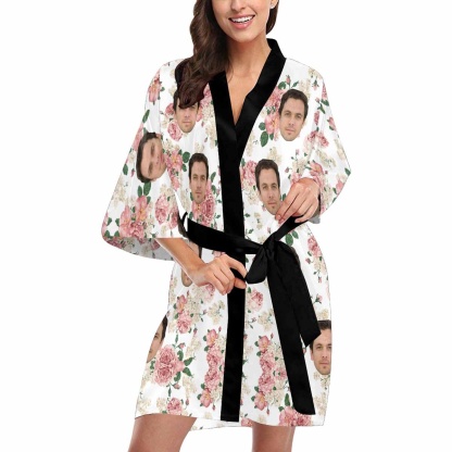 FacePajamas Pajama Custom Husband Face Peony Women's Summer Short Nightwear Personalized Photo Pajamas Kimono Robe