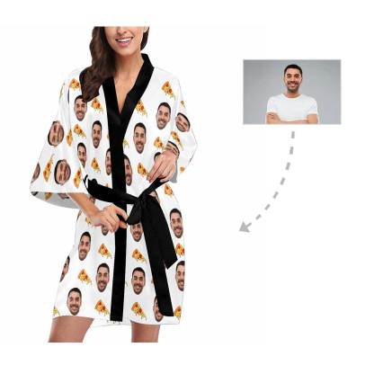 FacePajamas Pajama Custom Husband Face Pizza Women's Summer Short Sleepwear Funny Personalized Photo Pajamas Kimono Robe