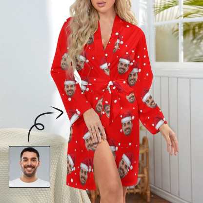 FacePajamas Pajama-2YX-SDS Custom Husband Face Red Christmas Hat Women's Long Pajamas Funny Personalized Photo Pajamas Kimono Robe