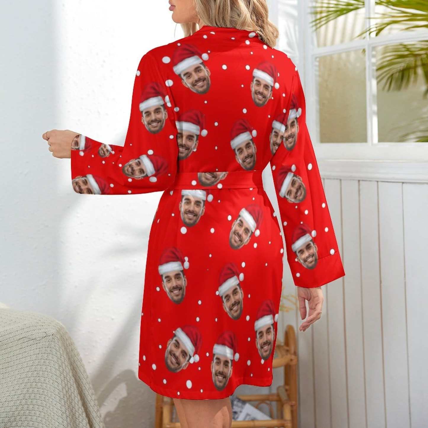 FacePajamas Pajama-2YX-SDS Custom Husband Face Red Christmas Hat Women's Long Pajamas Funny Personalized Photo Pajamas Kimono Robe