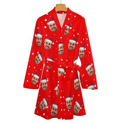 FacePajamas Pajama-2YX-SDS Custom Husband Face Red Christmas Hat Women's Long Pajamas Funny Personalized Photo Pajamas Kimono Robe