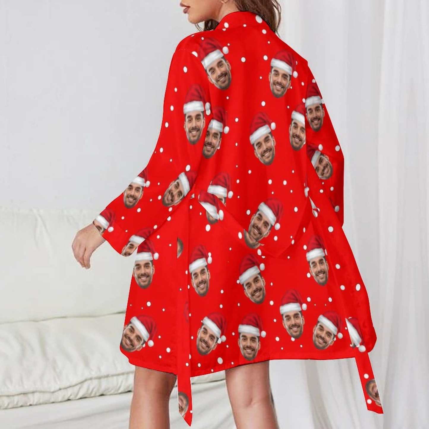 FacePajamas Pajama-2YX-SDS Custom Husband Face Red Christmas Hat Women's Long Pajamas Funny Personalized Photo Pajamas Kimono Robe
