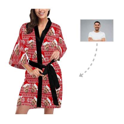 FacePajamas Pajama Custom Husband Face Red Christmas Hat Women's Short Pajamas Personalized Photo Pajamas Kimono Robe