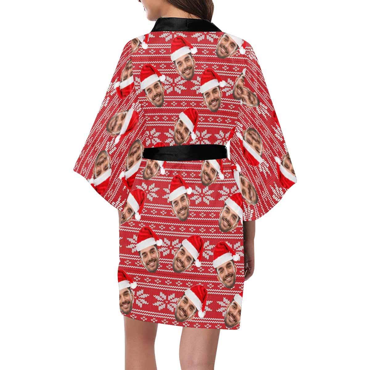 FacePajamas Pajama Custom Husband Face Red Christmas Hat Women's Short Pajamas Personalized Photo Pajamas Kimono Robe