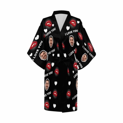 FacePajamas Pajama Custom Husband Face Red Lip Women's Summer Short Pajamas Funny Personalized Photo Pajamas Kimono Robe