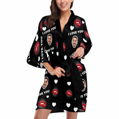 FacePajamas Pajama Custom Husband Face Red Lip Women's Summer Short Pajamas Funny Personalized Photo Pajamas Kimono Robe
